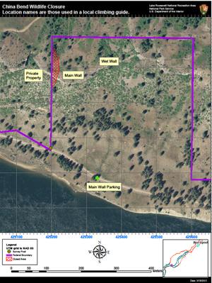 Map shows temporary access closure to protect nesting eagles near a portion of a rock climbing area at China Bend in the Lake Roosevelt National Recreation Area.  (National Park Service)