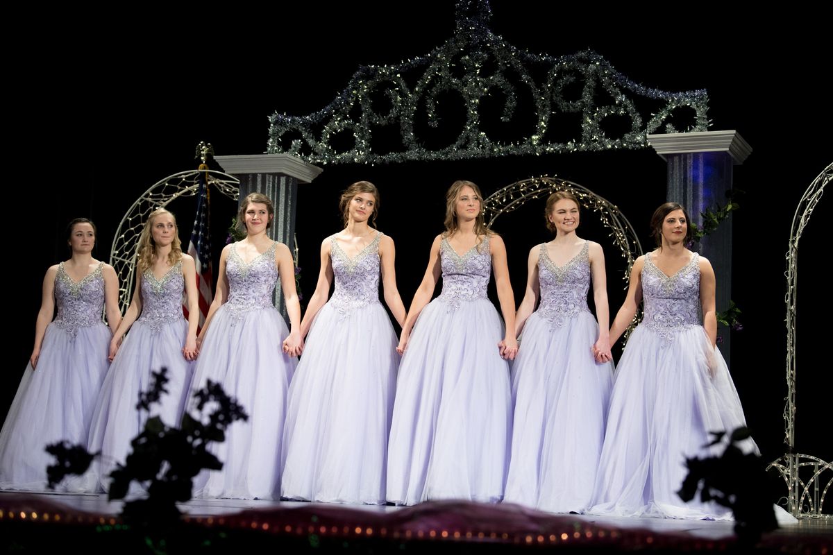 The 2018 Lilac Court waits in anticipation for the announcement of who will become queen during the 2018 Lilac Festival Queen and Court Coronation on Sunday, March 4, 2018, at West Valley High School in Spokane Valley, Wash. The court is from left: Sophia Madill, of Mt. Spokane; Hayden Jeremiah, of Ferris; Kennedy Magner, of Lewis and Clark; Halle Nelson, of North Central; Marley Pratt, of Freeman; Grace Kahnberg, of Mead; and Samantha Wynne, of Rogers. (Tyler Tjomsland / The Spokesman-Review)