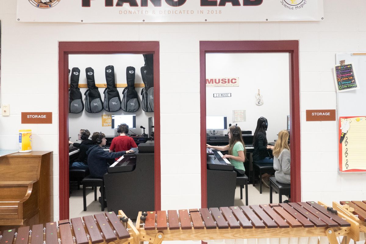 Up to eight students at a time work in the piano lab made up of two storage closets at Ramsey Magnet School of Science in Coeur d’Alene Wednesday, Feb. 6, 2019. The equipment was purchased for the school by the Coeur d’Alene Tribe. (Jesse Tinsley / The Spokesman-Review)