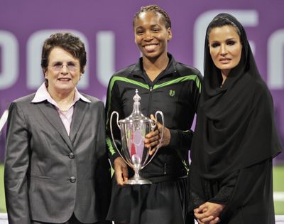 Sony Ericsson champion Venus Williams is joined by Billie Jean King, left, and Sheikha Mozah Bint Nasser Al Misnad, the wife of the Emir of Qatar.  (Associated Press / The Spokesman-Review)