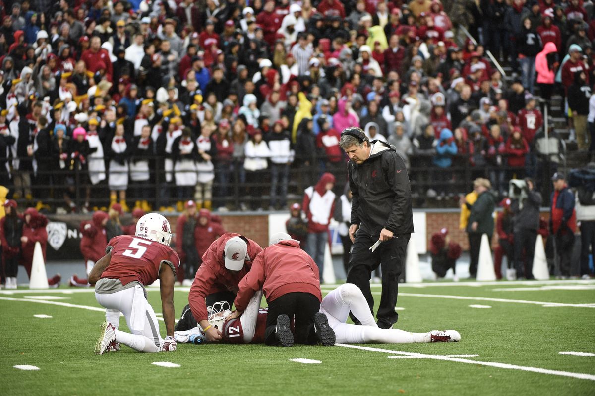 Washington State head coach Mike Leach watches over quarterback Connor Halliday after he was injured against USC during the first half. (Tyler Tjomsland)