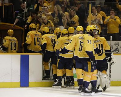 Nashville Predators players leave the ice following Game 7 of an NHL hockey second-round playoff series against the Winnipeg Jets on Thursday, May 10, 2018, in Nashville, Tenn. The Jets won 5-1, and advanced to the Western Conference final. (Mark Humphrey / Associated Press)