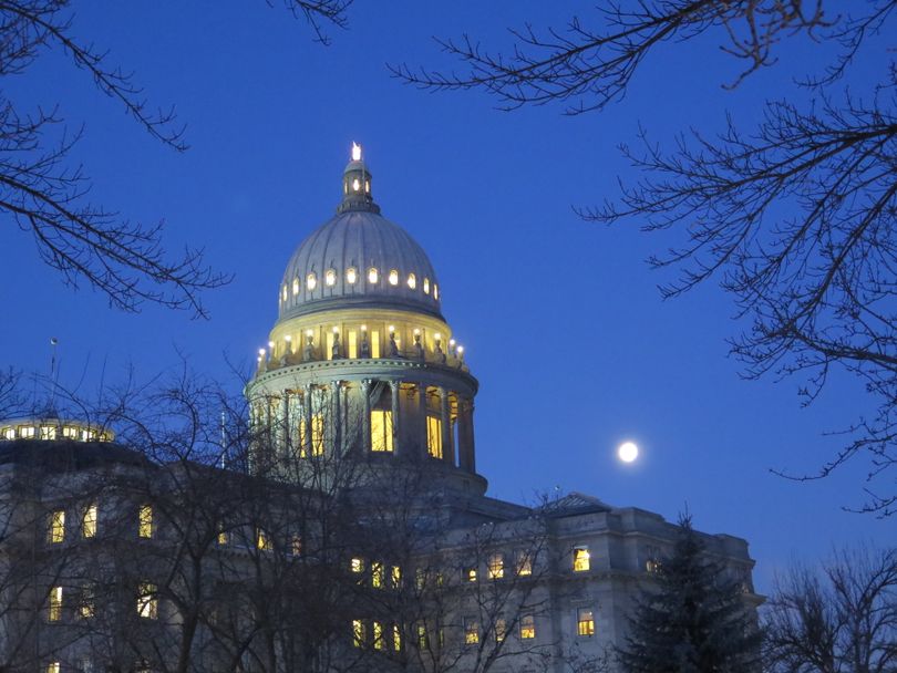 Idaho's state Capitol under a full moon early on Friday morning, Jan. 13, 2017 (Betsy Z. Russell)