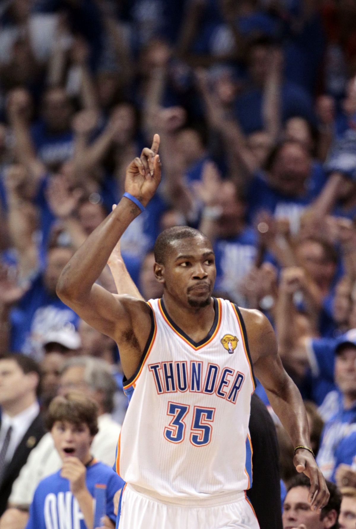 Oklahoma City’s Kevin Durant scored 17 of his 36 points in the fourth quarter as the Thunder seized control of Game 1 of the NBA finals. (Associated Press)