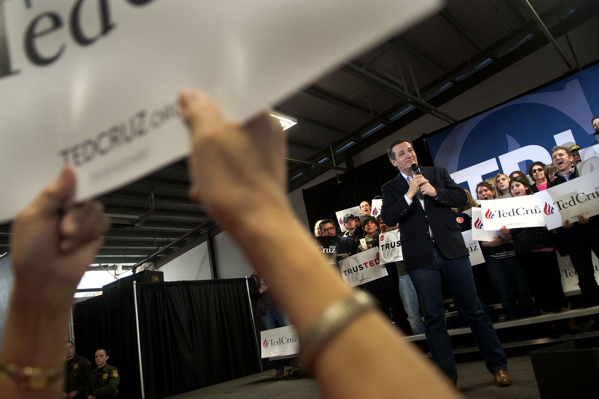 Texas Sen. Ted Cruz addresses  the crowd at the Kootenai County Fairgrounds in Coeur d’Alene on Saturday. (Kathy Plonka / The Spokesman-Review)