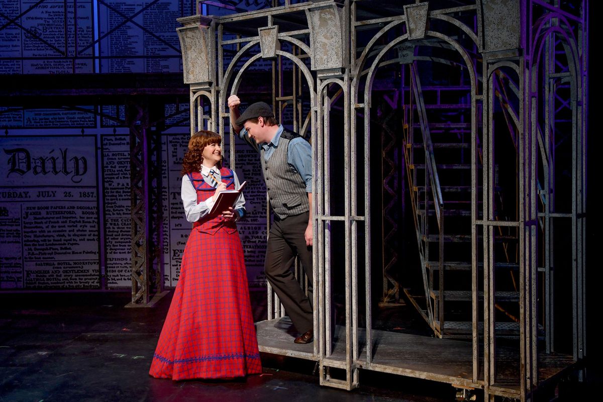 Jennifer Tindall and Landon Toth of Spokane Valley Summer Theater’s production of “Newsies” rehearse as characters Katherine and Jack at University High School in Spokane Valley on Tuesday.  (kathy plonka)