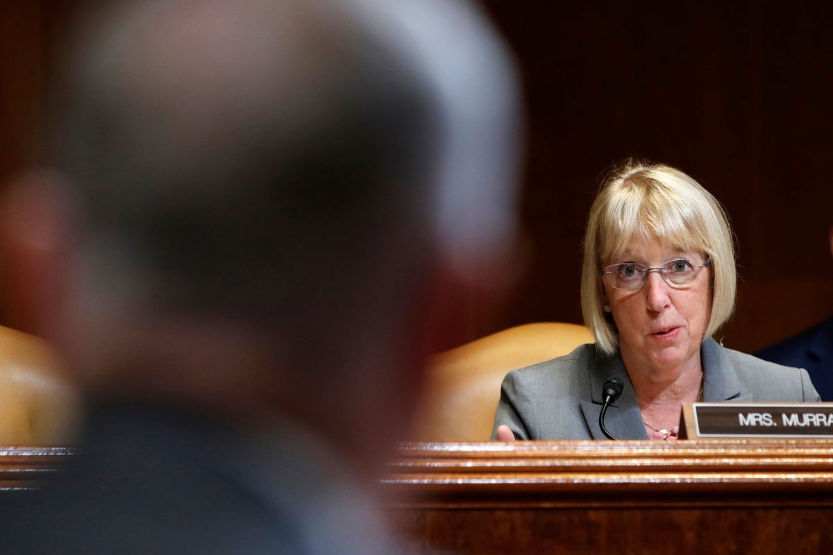 Sen. Patty Murray, D-Wash., asks a question about sexual assaults on children at military bases to Defense Secretary Jim Mattis, during a Senate Appropriations subcommittee hearing on the FY19 budget, Wednesday, May 9, 2018, on Capitol Hill in Washington.  (Jacquelyn Martin/Associated Press)
