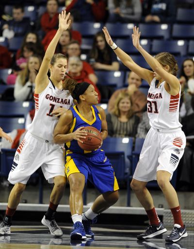 Gonzaga’s Sunny Greinacher, left, and Elle Tinkle, right, surround Brittany Crain, center, of UC Riverside in a game on Dec. 16. 2013. Gonzaga won that game, but Crain is back and averages more than 22 points a game. The two teams meet Thursday at the McCarthey Athletic Center in the first round of the WNIT. (Jesse Tinsley / The Spokesman-Review)