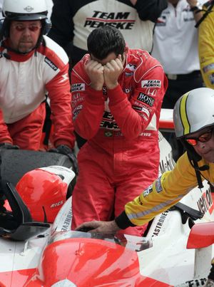 Helio Castroneves, acquitted of federal tax evasion charges April 17, became the ninth three-time winner of the Indianapolis 500 and gave team owner Roger Penske win No. 15. (Michael Conroy / The Spokesman-Review)
