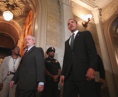 President Barack Obama leaves Capitol Hill on Tuesday after a meeting with Senate Republicans.  (Associated Press)