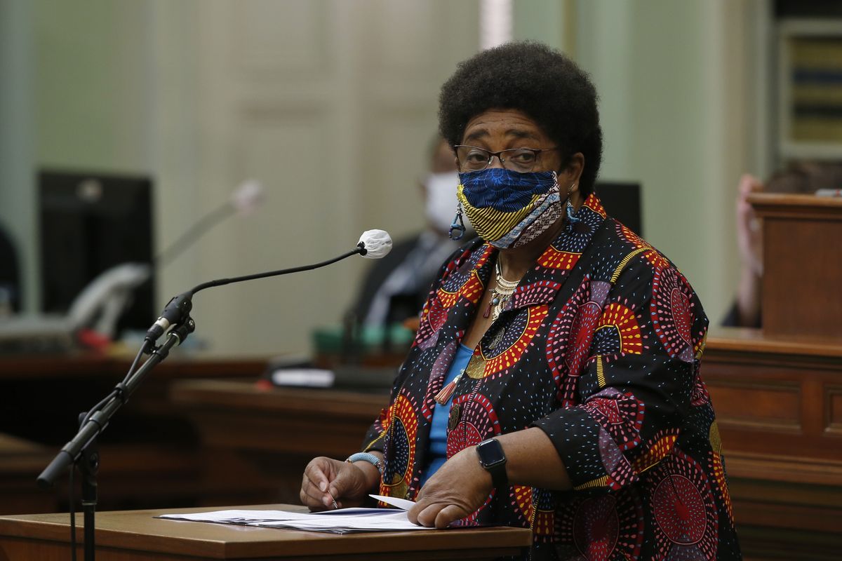 FILE - In this June 11, 2020, file photo, then-Assemblywoman Shirley Weber calls on lawmakers to create a task force to study and develop reparation proposals for African Americans, during the Assembly session in Sacramento, Calif. A landmark California committee to study reparations for African Americans is meeting for its first time, Tuesday, June 1, 2021, launching a two-year process to address the harms of slavery and systemic racism. Secretary of State Shirley Weber, who as an assemblymember authored the legislation creating the task force, noted the solemnity of the occasion as well as the opportunity to right an historic wrong.  (Rich Pedroncelli)