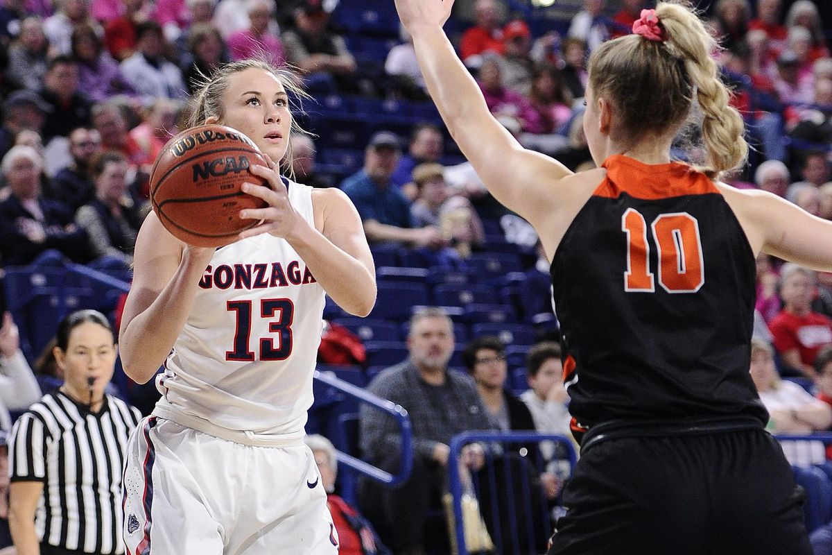 Gonzaga Bulldogs forward Jill Barta (13) shoots the basketball against Pacific Tigers guard Savannah Sumsion (10) on Thursday, Feb. 8, 2018, at the McCarthey Athletic Center. (James Snook / Special for The Spokesman-Review)