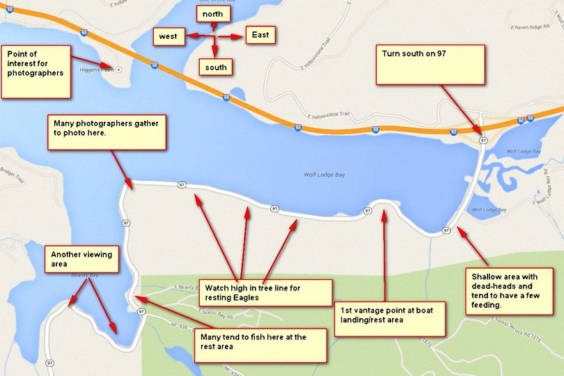 Map shows prime areas for bald eagle watching and photography during the annual November-January gathering of eagles that feed on spawning kokanee around Lake Coeur d'Alene's Wolf Lodge Bay. (Tim Colquhoun)