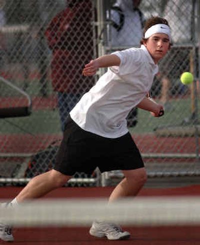 
University High junior Josh Steele returns the ball during a March 22 match against Gonzaga Prep's Chris Poppy. Steele won the match 6-4, 6-1. Steele is the top returning singles player in the Spokane Valley. 
 (Liz Kishimoto / The Spokesman-Review)