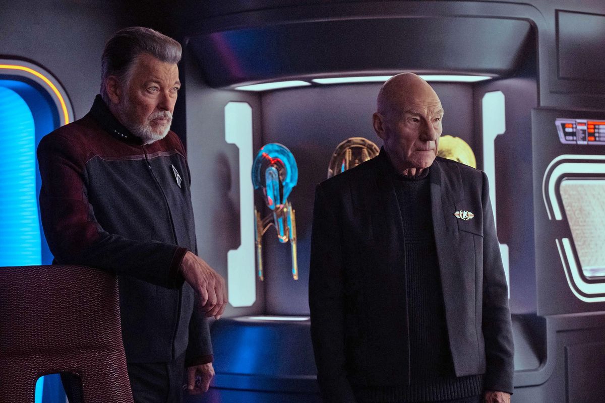 Make it so! Jonathan Frakes and Patrick Stewart reunite in the third and final season of “Star Trek: Picard.”  (Trae Patton / Paramount+)