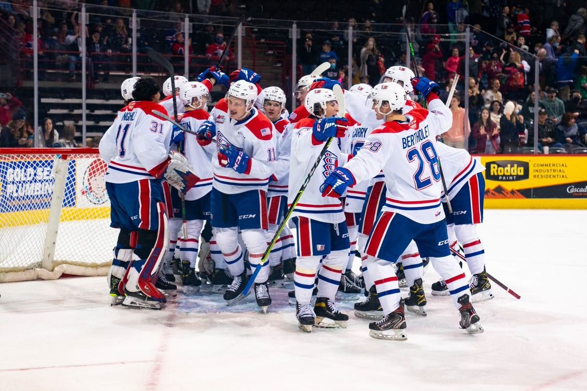 The Spokane Chiefs celebrate a win over Vancouver in Spokane on Wednesday, March 9, 2022.  (Courtesy of Larry Brunt/Spokane Chiefs)