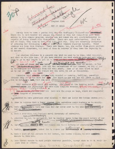 This image shows a page from “The Book That Started It All,” a copy of the original working manuscript of “Alcoholics Anonymous: The Story of How More Than One Hundred Men Have Recovered From Alcoholism,” originally published in April 1939.  (Associated Press)