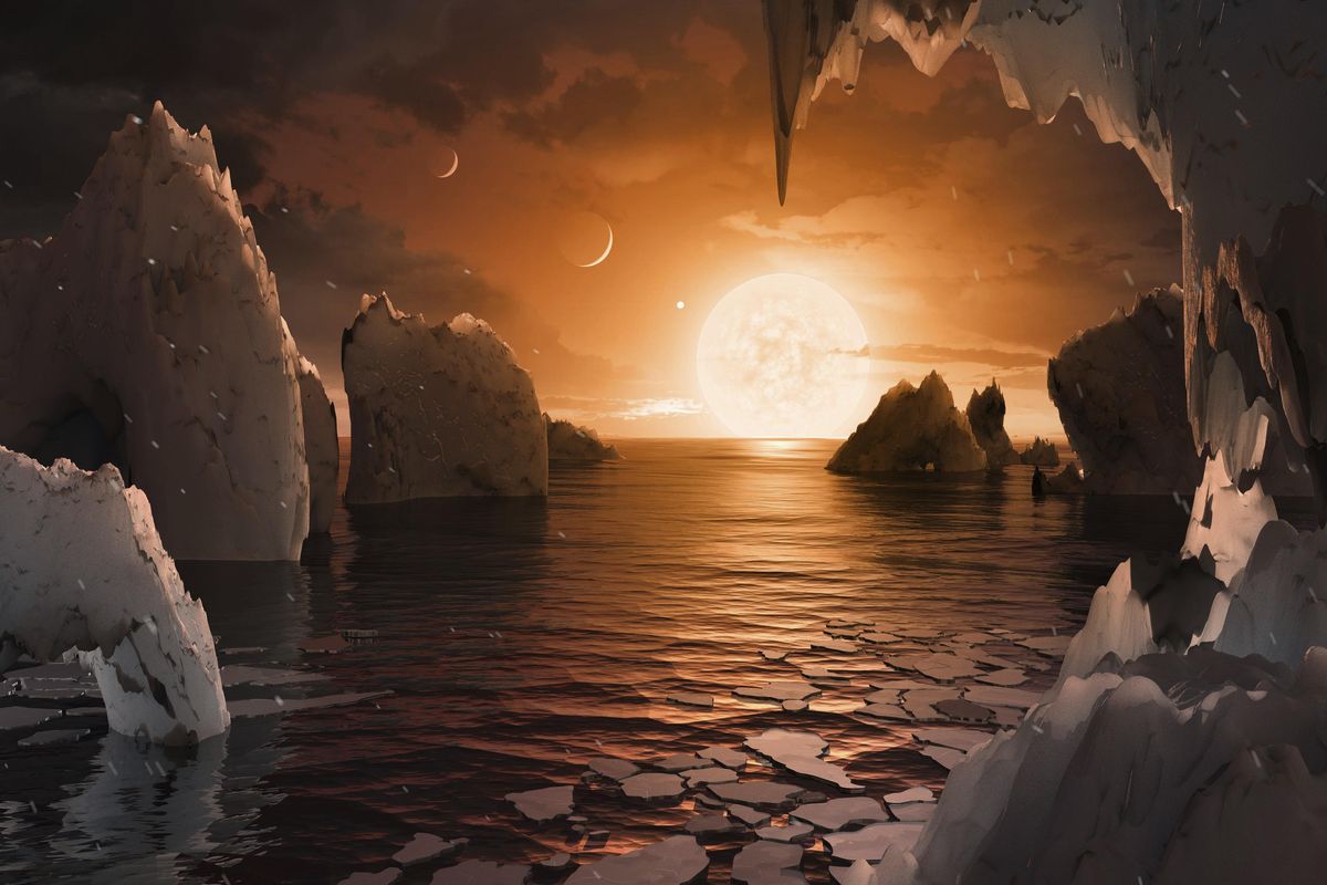 This image provided by NASA/JPL-Caltech shows an artist’s conception of what the surface of the exoplanet TRAPPIST-1f may look like, based on available data about its diameter, mass and distances from the host star. (NASA/JPL-Caltech / Associated Press)