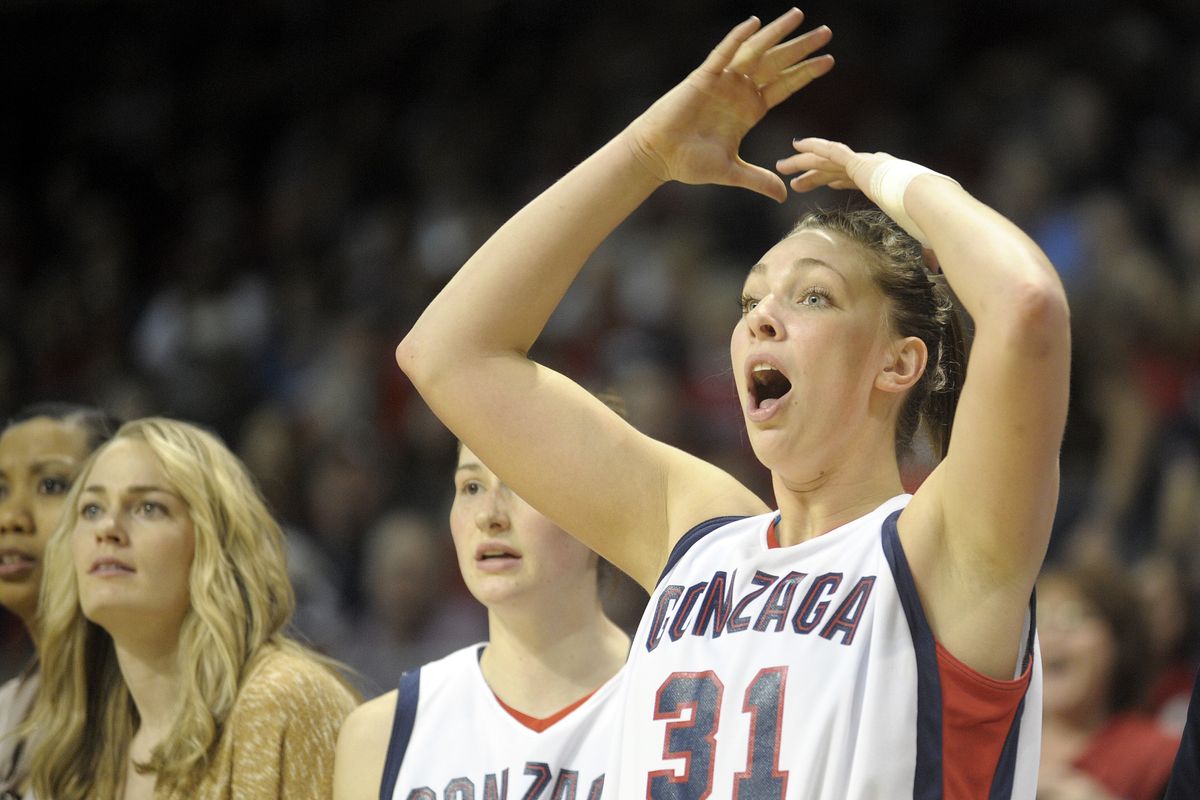 Shannon Reader of Gonzaga is in suspense watching a shot in the final minute of Saturday’s game against Saint Mary’s in Las Vegas. (Christopher Anderson)