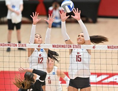 Washington State’s Argentina Ung, right, and Magda Jehlarova go up for a block against Grand Canyon during the opening round of the NCAA Tournament in Pullman on Friday.  (Courtesy of WSU Athletics)
