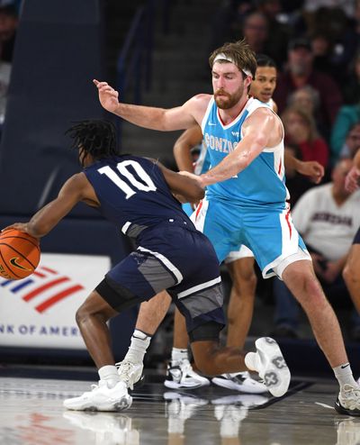 Gonzaga’s Drew Timme and his teammates were wearing a new set of uniforms in turquoise, red and white for their game against North Florida Monday, Nov. 7, 2022.  (Jesse Tinsley/THE SPOKESMAN-REVIEW)