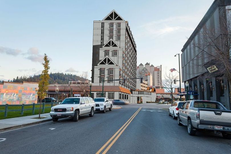 Here's how the proposed 12-story tower would look from the north, on 2nd Street, looking south toward Lake Coeur d'Alene. (Illustration: Dustin Weed)