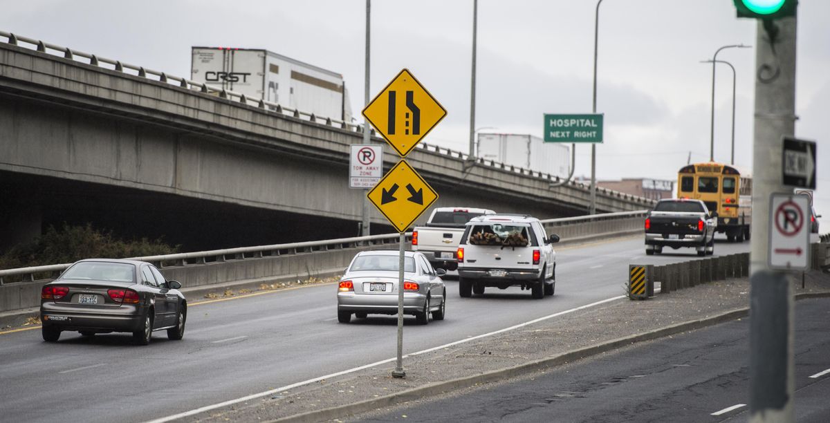Vehicles hit their brakes as they head up the Walnut Street on-ramp to enter  Interstate 90, Thursday, Oct. 12, 2107 in Spokane, Wash. (Dan Pelle / The Spokesman-Review)
