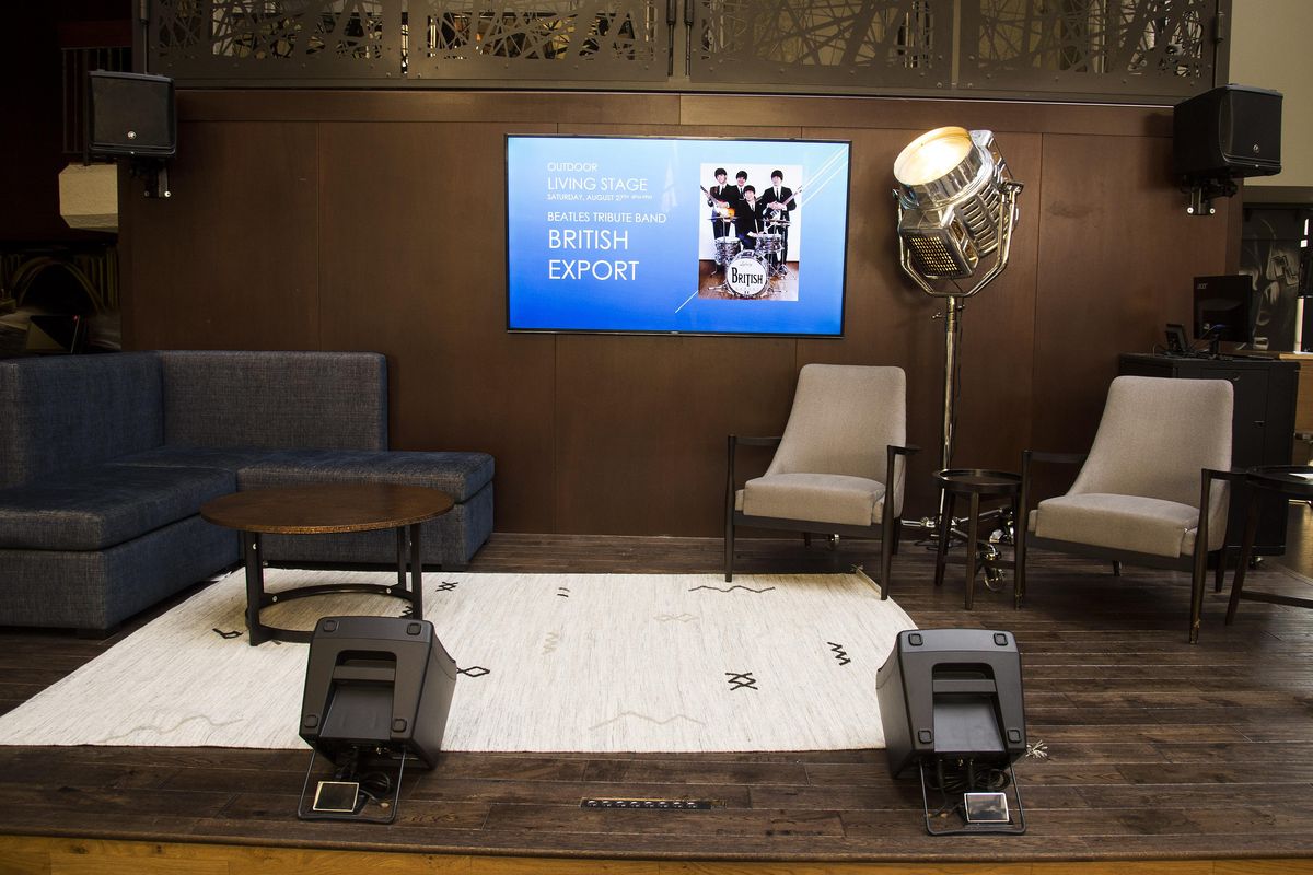 The Living Stage is a community performance area in the newly renovated lobby of the former Red Lion Inn at the Park, now the Hotel RL. (Colin Mulvany / The Spokesman-Review)