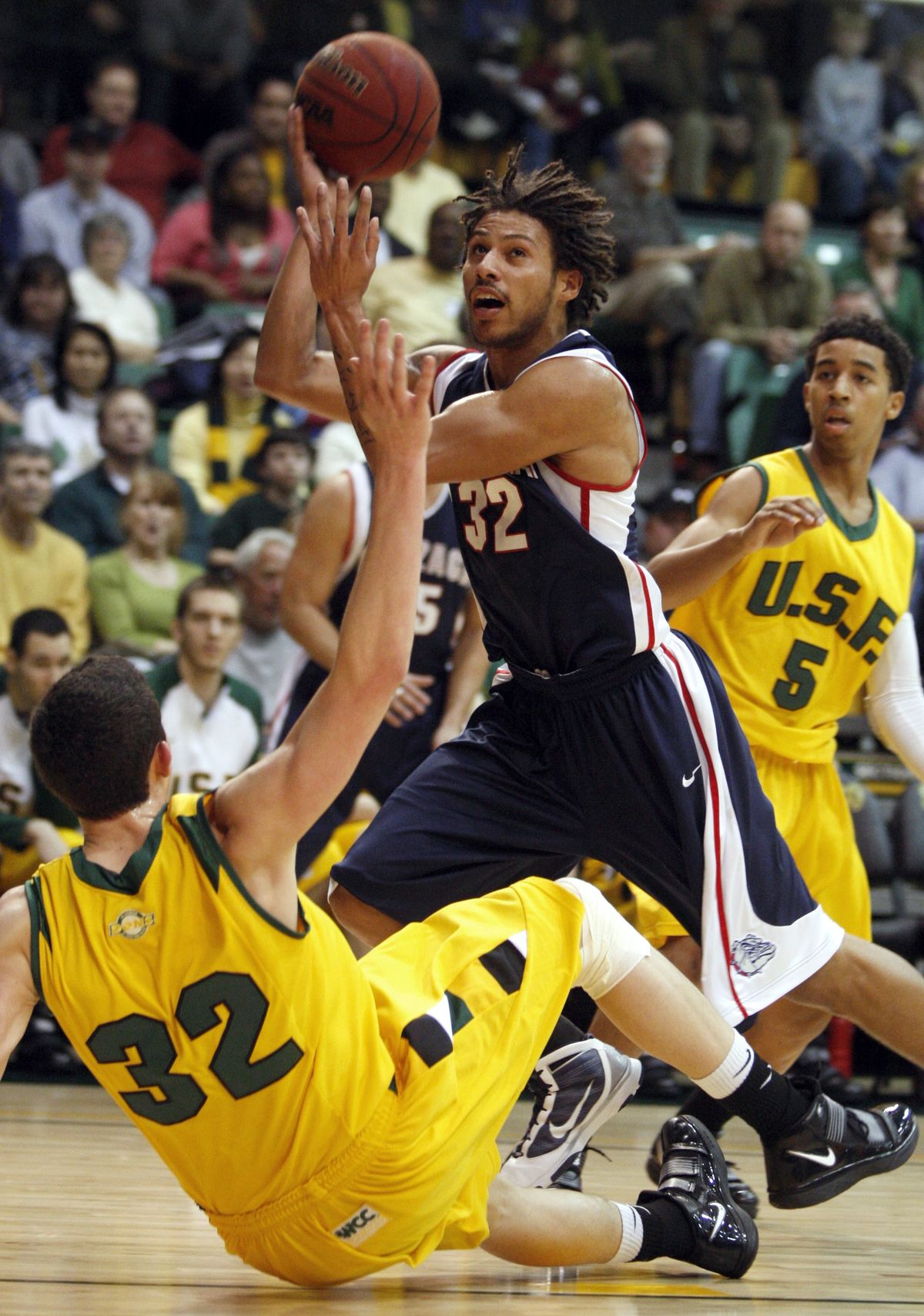 USF and Angelo Caloiaro wouldn’t go down easily as Gonzaga’s Steven Gray discovered.  (Associated Press)