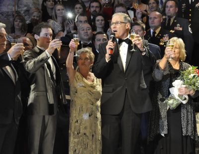 OLYMPIA -- Gov. Jay Inslee gives a toast at the Inaugural Ball in the Capitol Rotunda on 1/11/2017. 