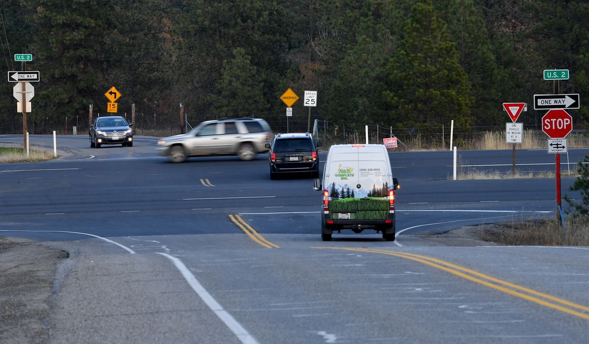 Cars are seen negotiating the intersection between Highway 2 and Colbert Road on Wednesday, November 7, 2018, near Colbert, Wash. The Highway 2-Colbert Road intersection had 16 crashes between 2013 and 2017.   (TYLER TJOMSLAND/THE SPOKESMAN-REVIEW)