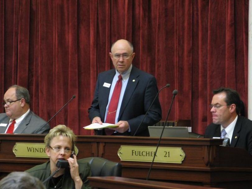 Senate Assistant Majority Leader Chuck Winder opens debate on the tax-cut bill on the Idaho Legislature's final day in session this year. (Betsy Russell)