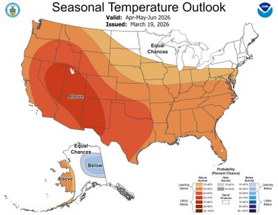 The national temperature forecast map for April-May-June shows widespread above-average temperatures are forecast for much of the nation, especially in the West.  (NOAA Climate Prediction Center)