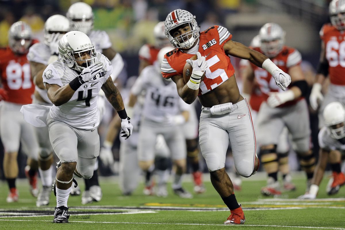 Ezekiel Elliott’s 246-yard, four touchdown performance against Oregon capped a three-game stretch totalling 696 rushing yards. (Associated Press)