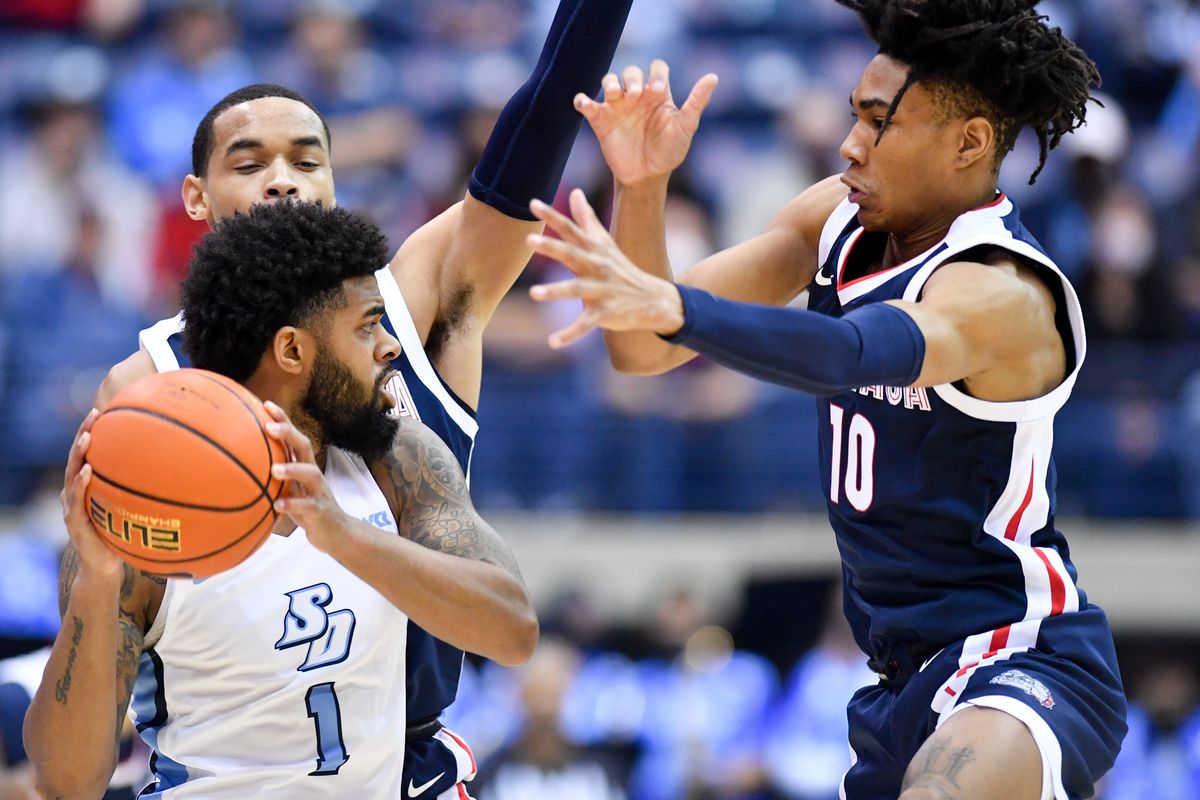 Gonzaga’s Hunter Sallis drives against Georgia State’s Ja’Heim Hudson during the Zags’ NCAA Tournament first-round win March 17 in Portland.  (Tyler Tjomsland / The Spokesman-Review)