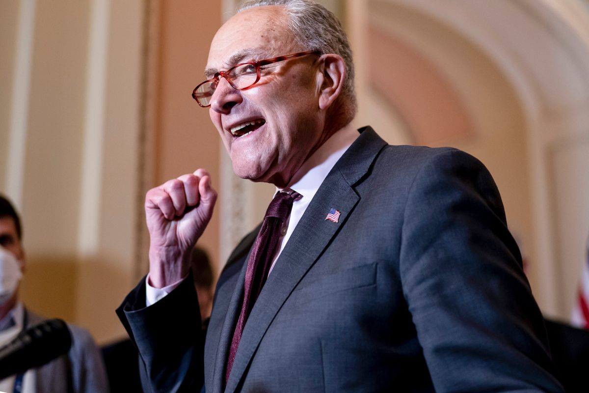 Senate Majority Leader Chuck Schumer, D-N.Y., tells reporters he is furious that the Supreme Court could overturn the landmark 1973 Roe v. Wade case, at the Capitol in Washington on Tuesday. Schumer called the news “a dark and disturbing day for America.”  (J. Scott Applewhite)