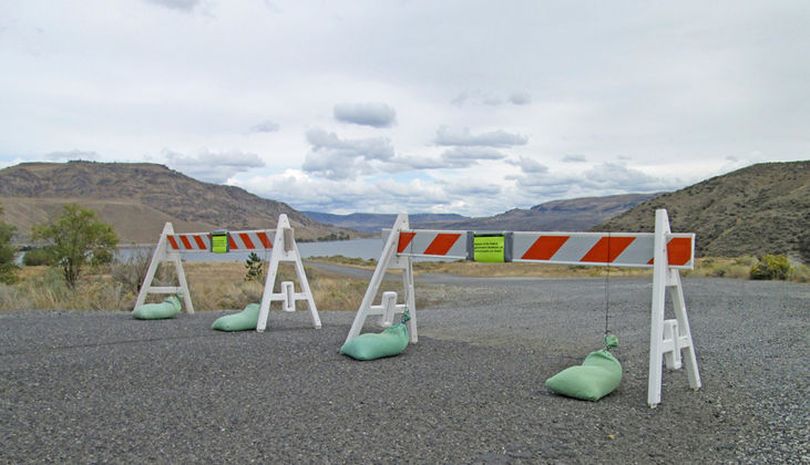 Barricades close off Crescent Bay, part of the Lake Roosevelt National Recreation area. (Roger Lucas / The Star/Grand Coulee)