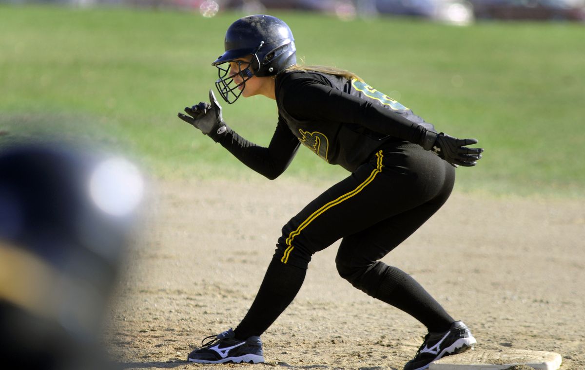 Allie Burger has spent plenty of time on base for Shadle Park.  (Colin Mulvany / The Spokesman-Review)