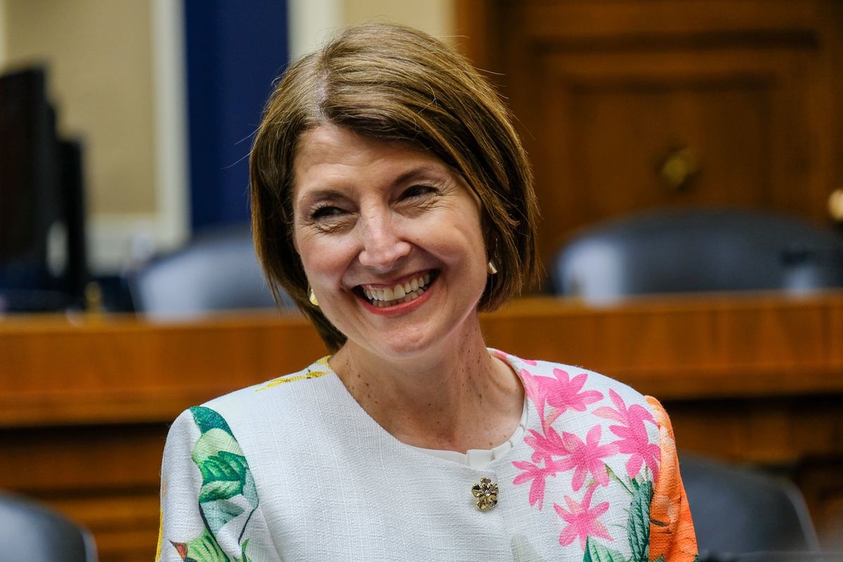 Former Rep. Cathy McMorris Rodgers smiles before her official portrait commemorating her tenure as chair of the House Energy and Commerce Committee is unveiled at the U.S. Capitol on April 16, 2026. (Orion Donovan Smith/The Spokesman-Review)
