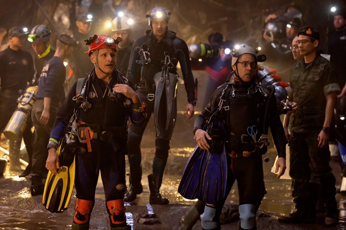 From left, Viggo Mortensen (in the red helmet), Joel Edgerton, Tom Bateman, Colin Farrell and Thiraphat Sajakul in “Thirteen Lives.”  (Metro Goldwyn Mayer Pictures)