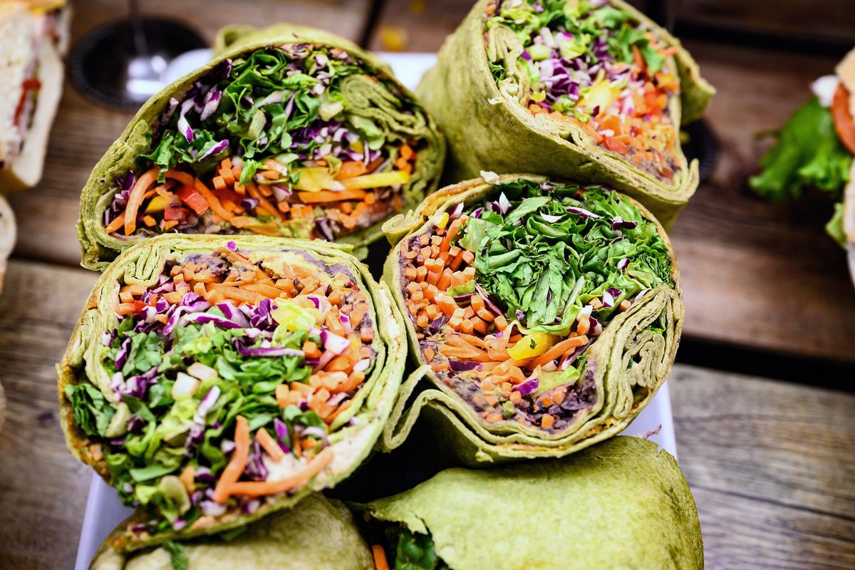 Veggie wraps are available at the 9th Street Bistro inside Huckleberry’s Natural Market. (Colin Mulvany / The Spokesman-Review)