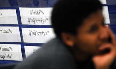 
The Salish language, originally only a spoken language, is spelled out in English characters for pronunciation at Havermale High School.
 (The Spokesman-Review)