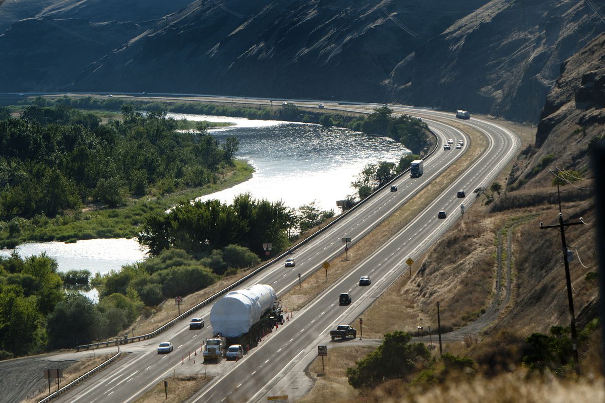 A megaload carrying an evaporator for a Canadian oil rig sits idle on Tuesday on U.S. Highway 12 outside of Lewiston. (Tyler Tjomsland)