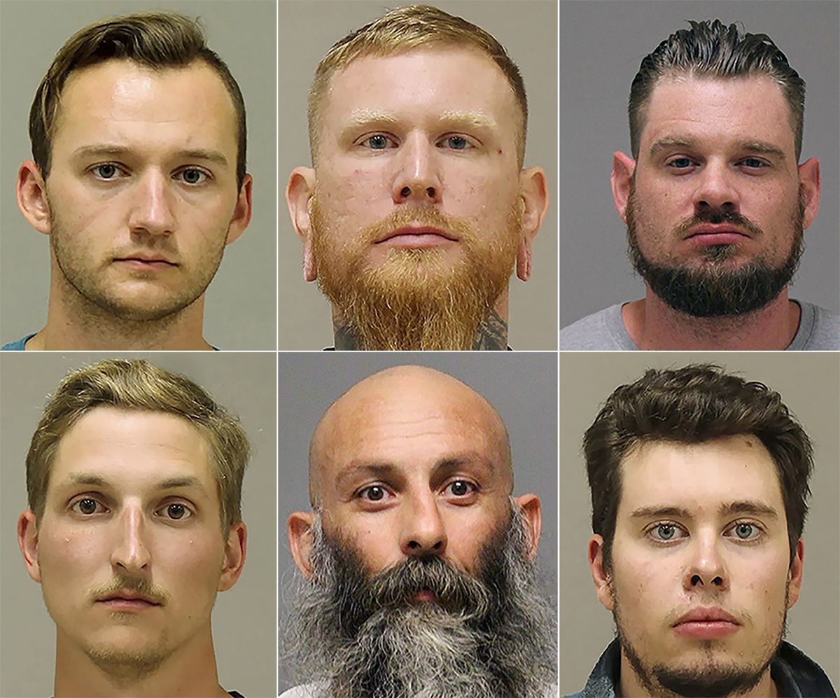 FILE - This photo combo shows from top left, Kaleb Franks, Brandon Caserta, Adam Dean Fox, and bottom left, Daniel Harris, Barry Croft, and Ty Garbin. A federal grand jury has charged six men with conspiring to kidnap Michigan Gov. Gretchen Whitmer in what investigators say was a plot by anti-government extremists angry over her policies to prevent spread of the coronavirus. An indictment released Thursday, Dec. 17, 2020, by U.S. Attorney Andrew Birge levied the charge against Adam Dean Fox, Barry Gordon Croft Jr., Ty Gerard Garbin, Kaleb James Franks, Daniel Joseph Harris and Brandon Michael-Ray Caserta.  (HOGP)