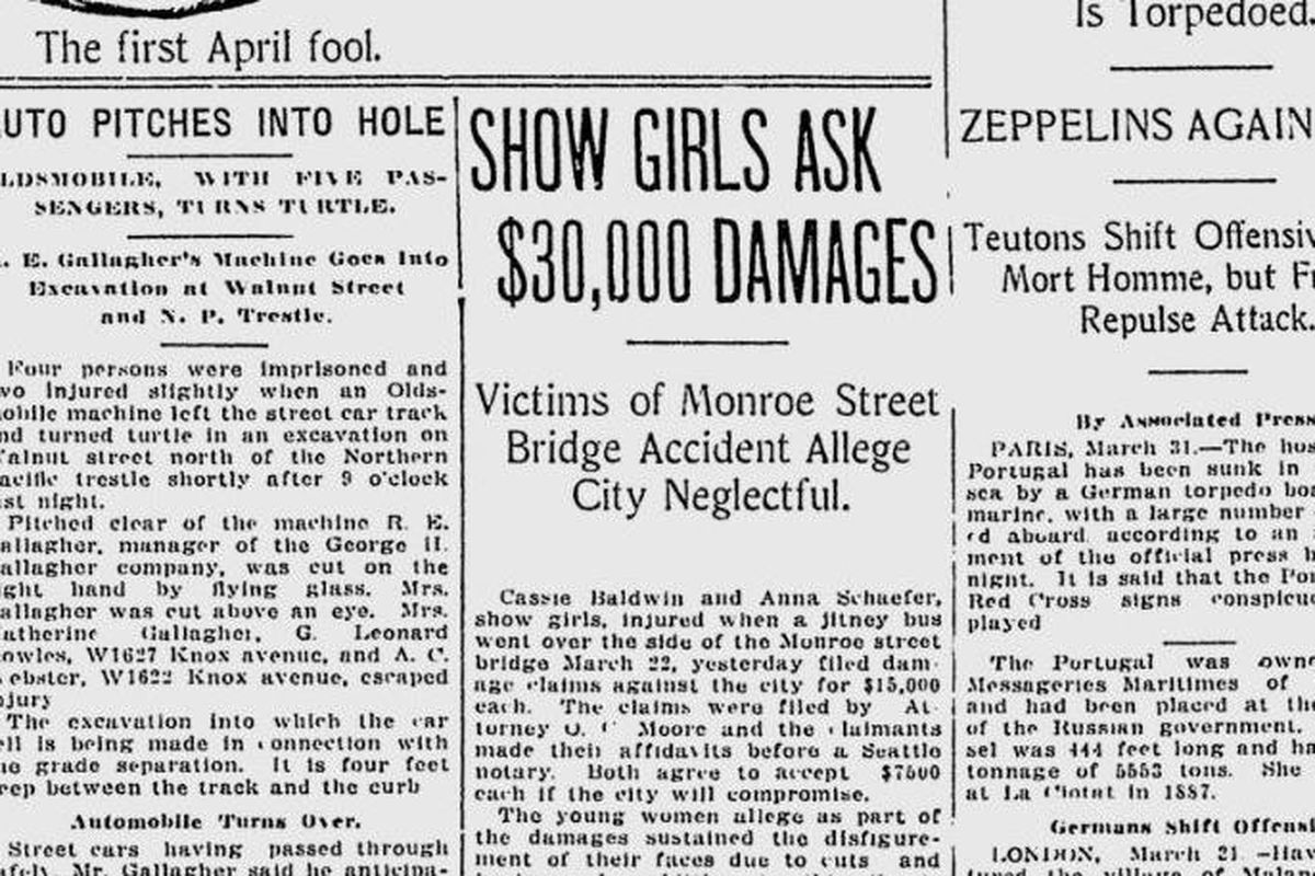 Two women who were in jitney bus when it drove off Monroe Street Bridge filed lawsuit against the city of Spokane, The Spokesman-Review reported on April 1, 1916. (The Spokesman-Review)