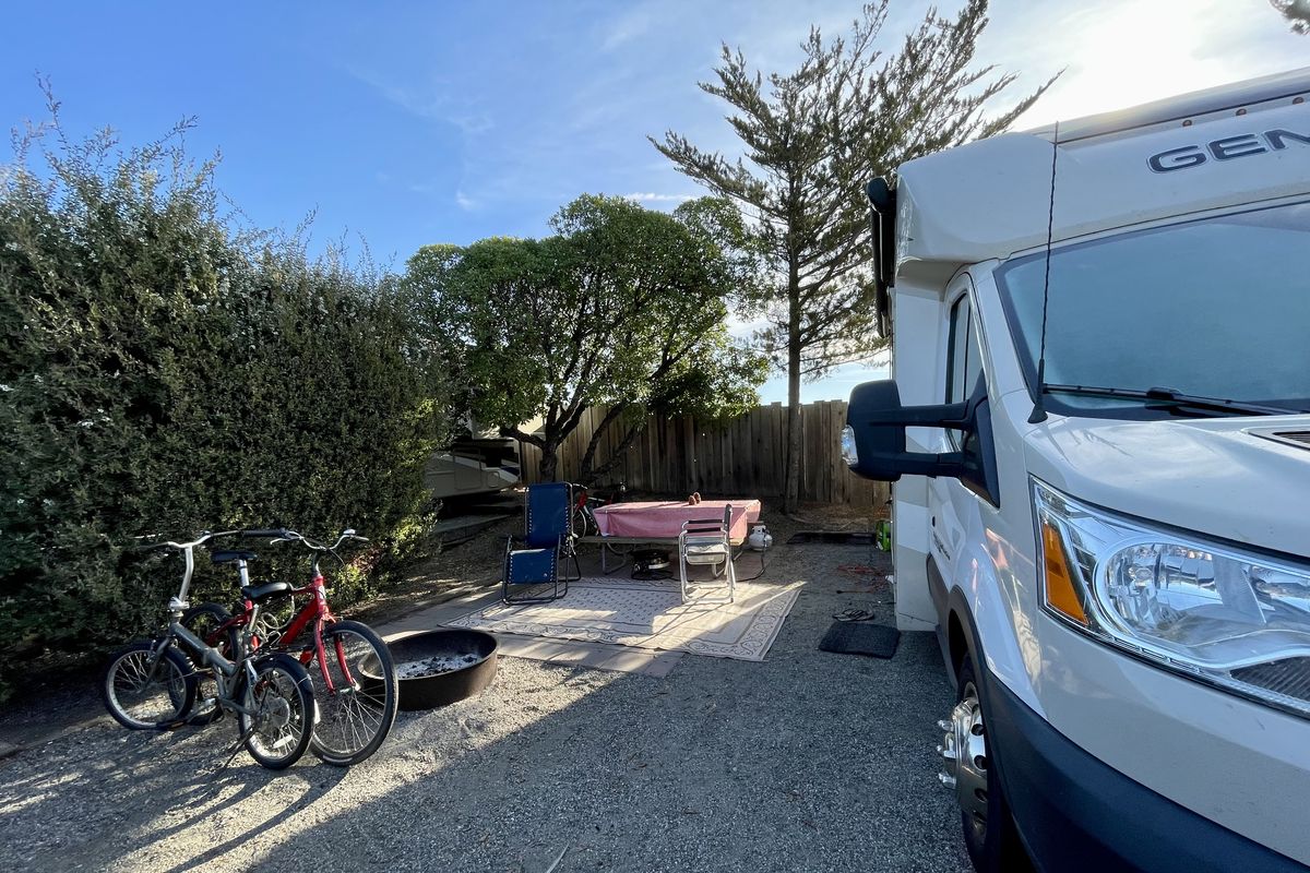 Hedges offer privacy between sites at Marina Dunes RV Park on Monterey Bay. (Leslie Kelly)