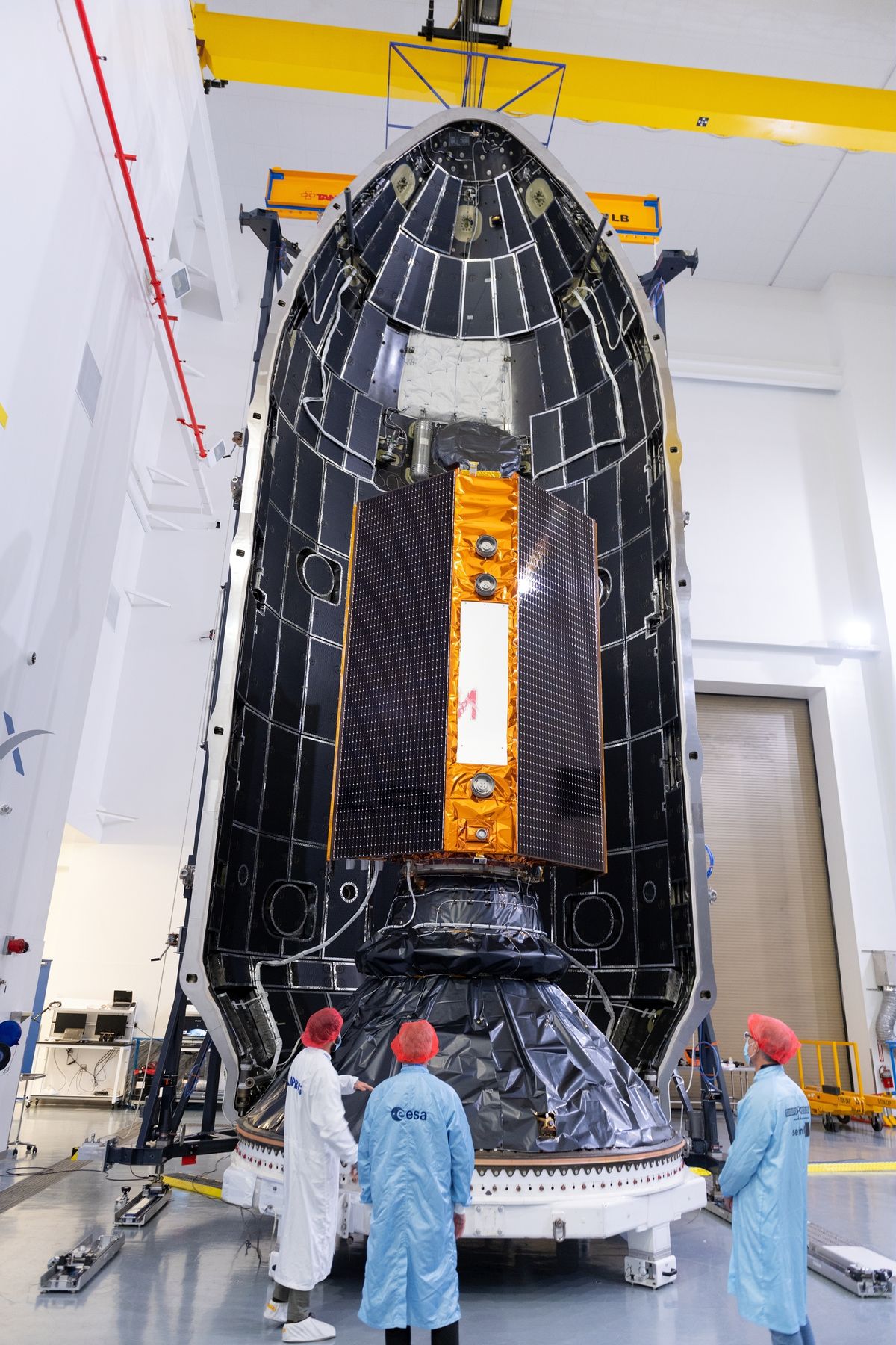 The Sentinel-6 satellite is placed inside the upper stage of a Falcon 9 rocket. The joint European-U.S. satellite mission to improve measurements of sea level rise is being launched from Vandenberg Air Force Base in California on Saturday. (Stephane Corvaja)