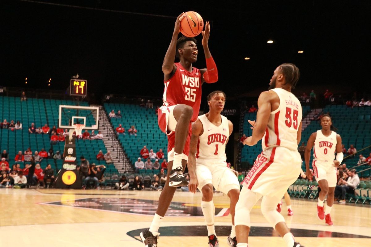 Washington State post Mouhamed Gueye drives for a layup against UNLV during Saturday’s Las Vegas Clash at MGM Grand Garden Arena.  (WSU Athletics)