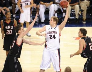 2012: First-year Gonzaga center Przemek Karnowski shoots against Northwest Nazarene during the second half of a college basketball game on Saturday, Oct. 27, 2012, at McCarthey Athletic Center in Spokane. Gonzaga won the game 93-45. (Tyler Tjomsland / The Spokesman-Review)