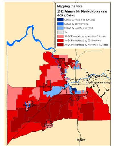 This is a map of the 2012 primary results in the 6th District House race.  (Jim Camden)
